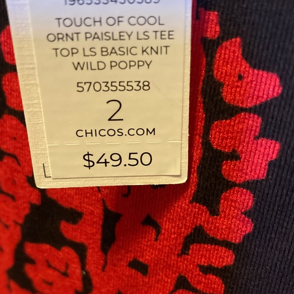 NWT Chico's Red and Black wild poppy paisley long sleeve tee - Picture 2 of 6